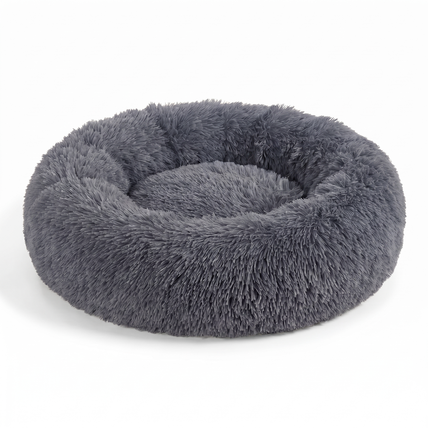 Joobello dark-gray faux-fur calming donut dog bed with raised rim on a clean white background
