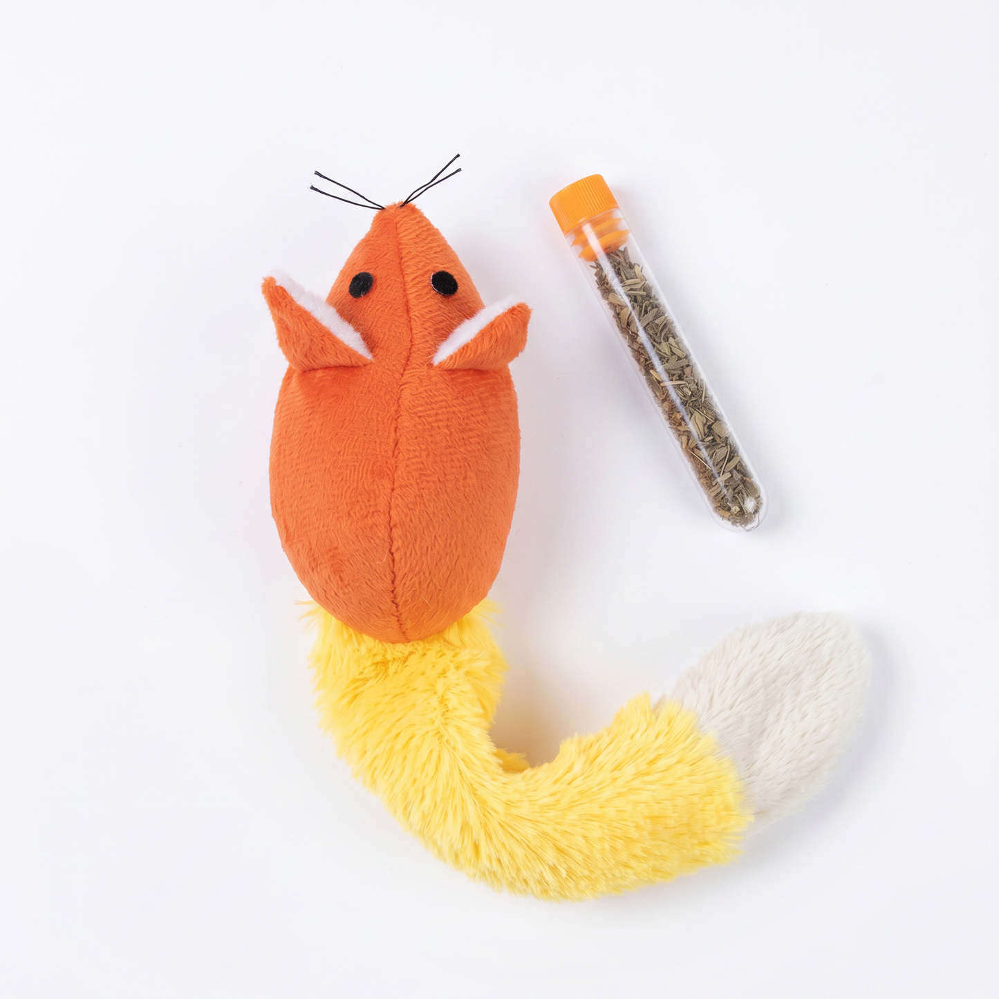 Joobello orange plush catnip mouse cat toy with refillable catnip tube on a clean white background