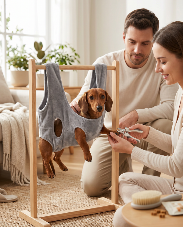 Dachshund calmly suspended in the Joobello gray grooming hammock for a stress-free nail trim