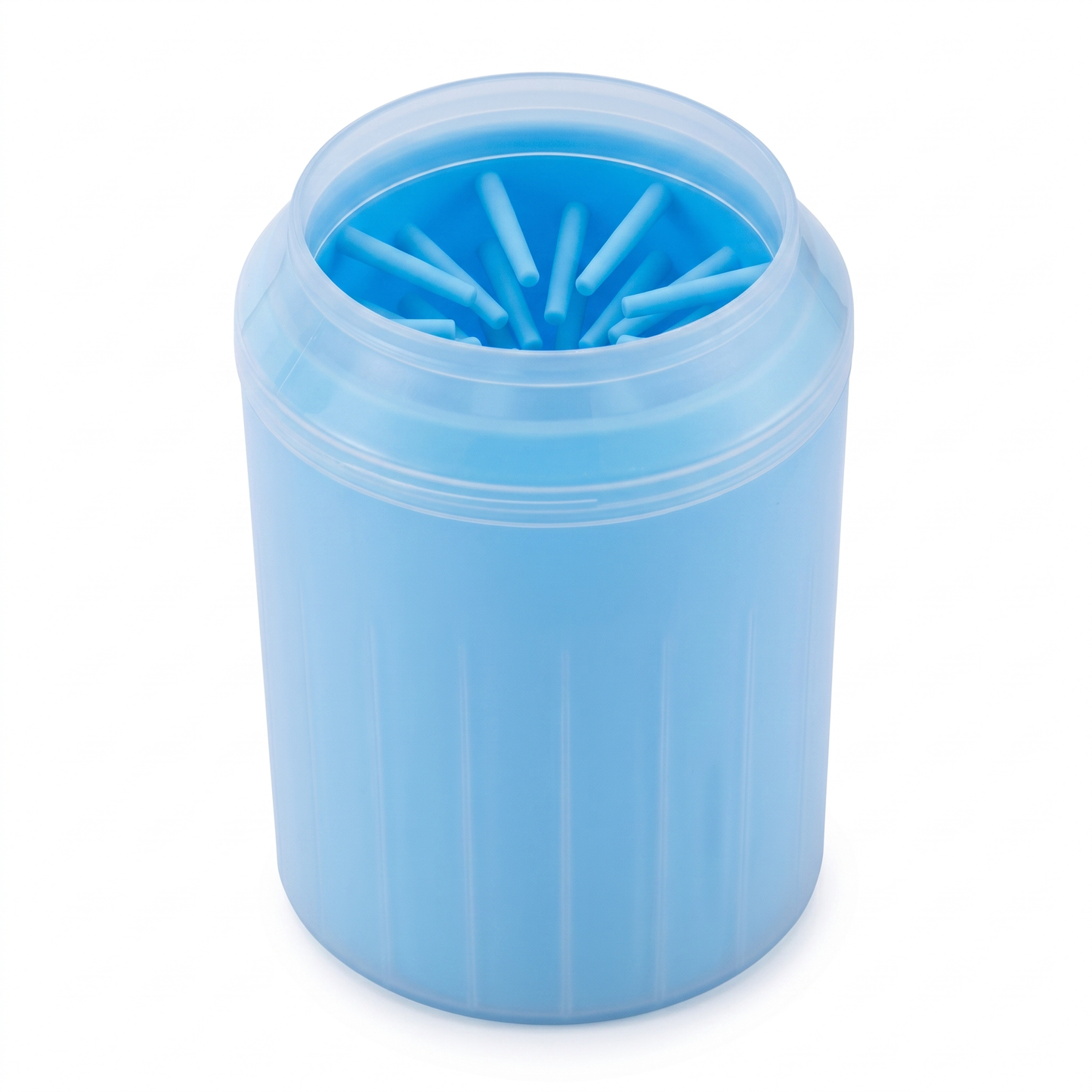 Joobello translucent blue portable paw cleaner cup with inner silicone bristles on a white background