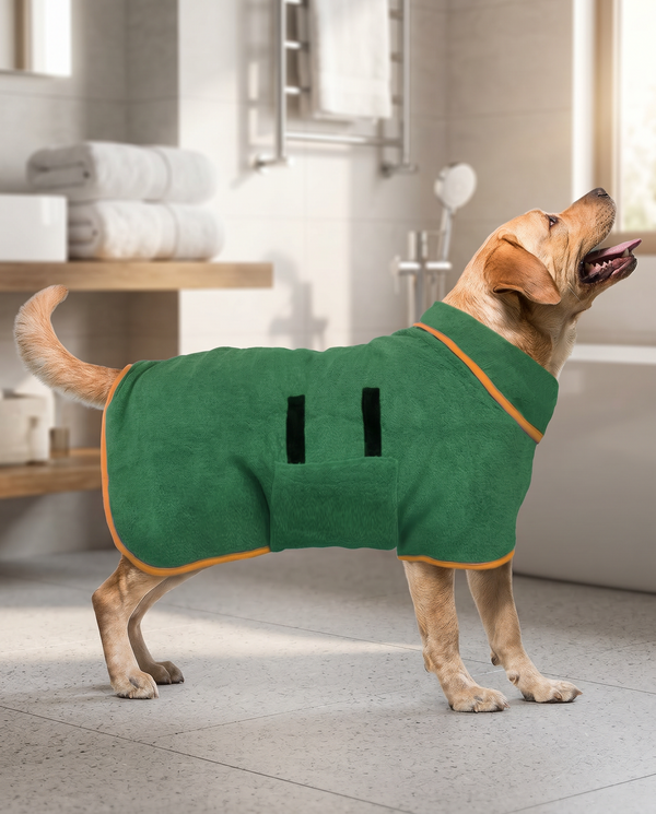 Yellow Labrador wearing the Joobello green quick-dry bath robe in a bright bathroom after a bath