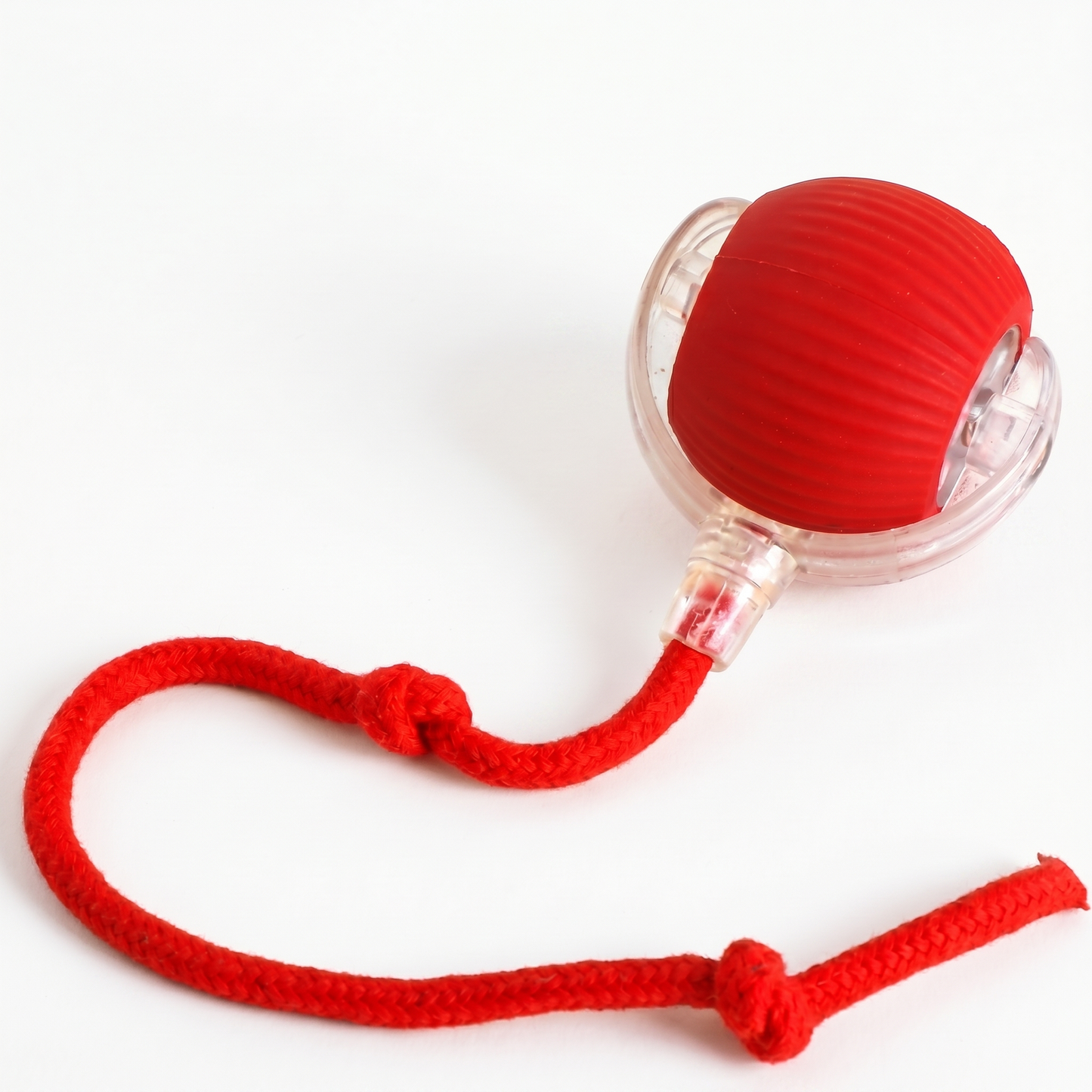 Joobello smart rolling pet ball with clear shell, red core and rope tail on a white background