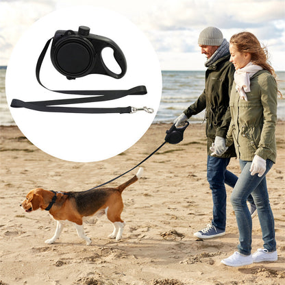 Owner walking a dog on the beach using the Joobello 2-in-1 leash with built-in water bottle and bowl