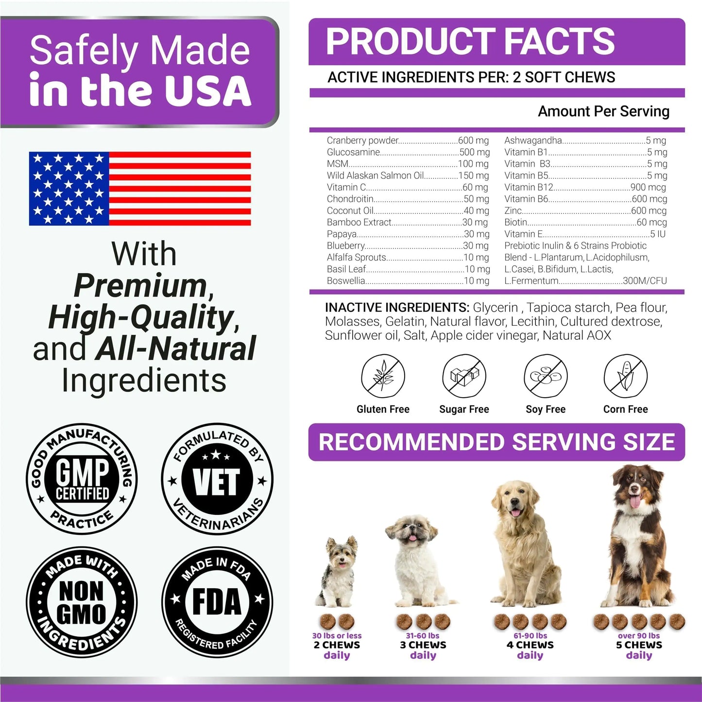 Dog multivitamin product facts and recommended serving size
