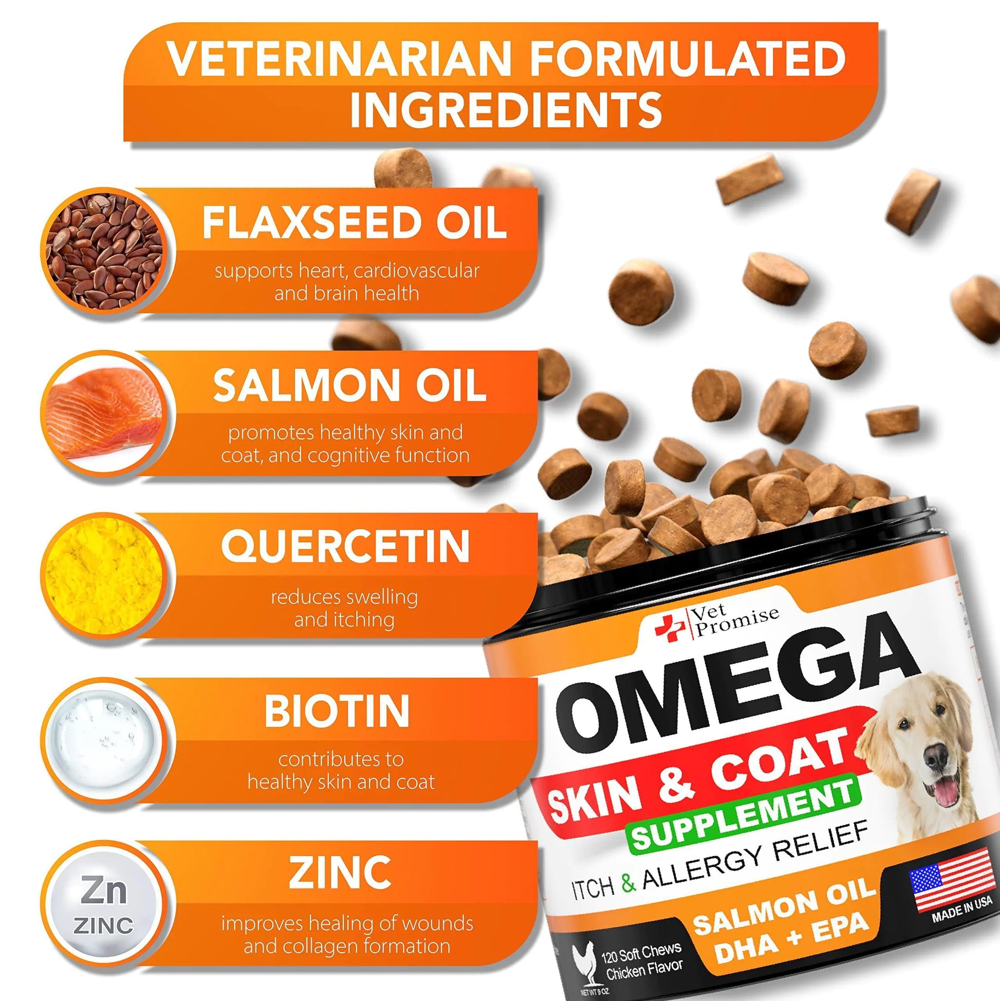 Omega-3 fish oil soft chew close-up for dog skin and coat health