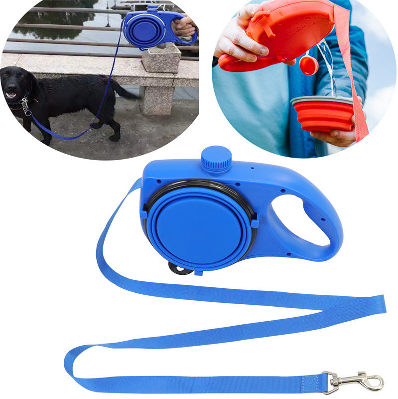The collapsible bowl popping open and water pouring from the Joobello leash water bottle, blue
