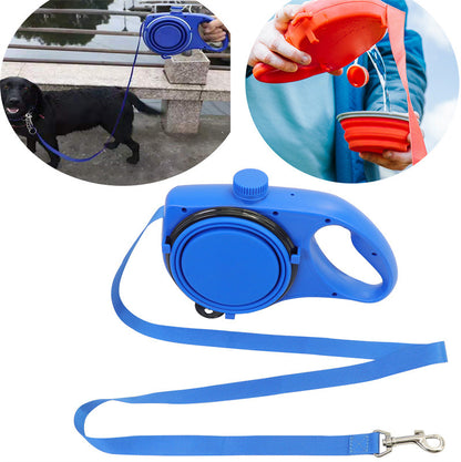 The collapsible bowl popping open and water pouring from the Joobello leash water bottle, blue