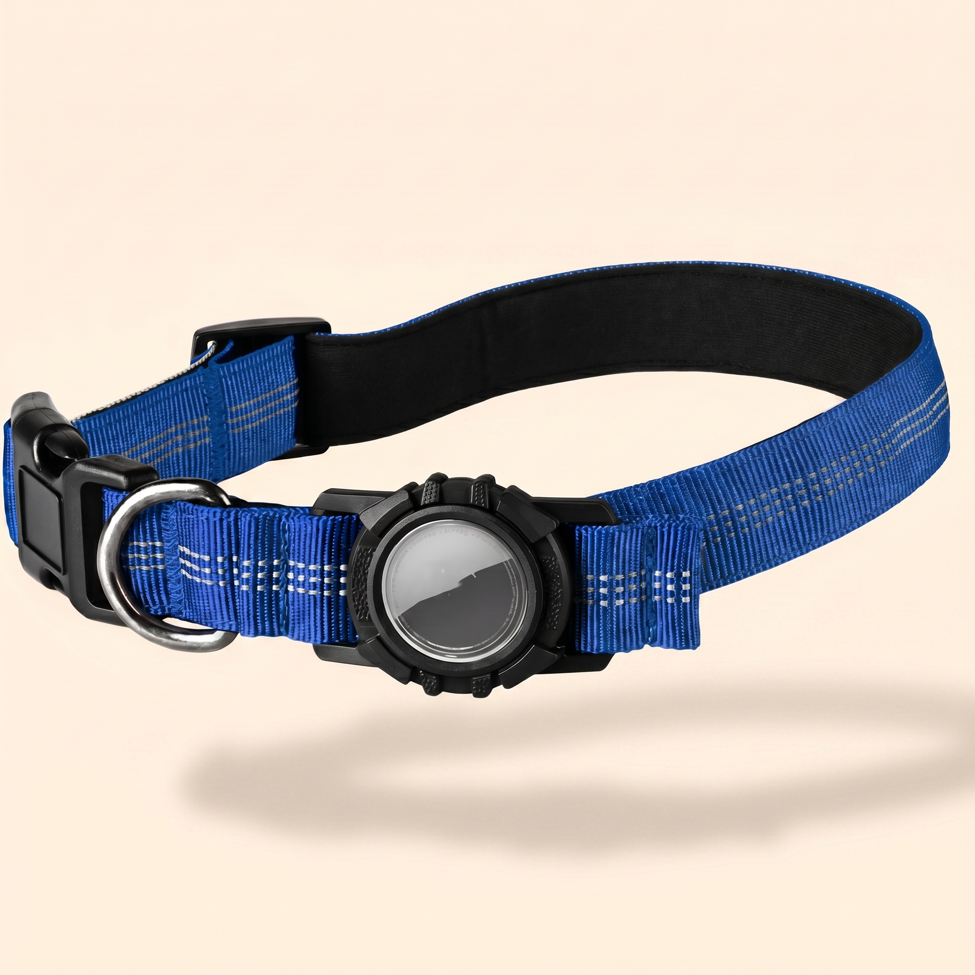 Joobello royal-blue AirTag dog collar with reflective stitching and black holder case, studio product photo