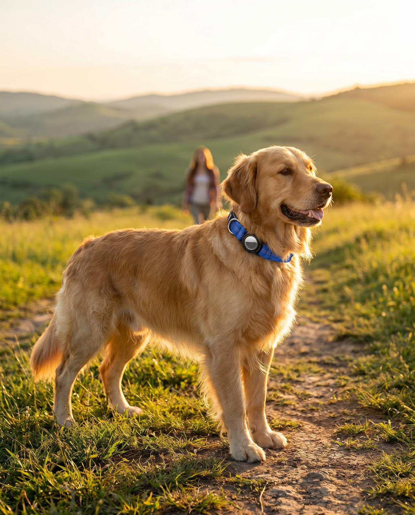 Dog wearing Joobello blue AirTag dog collar with reflective stitching standing on a hiking trail with owner behind