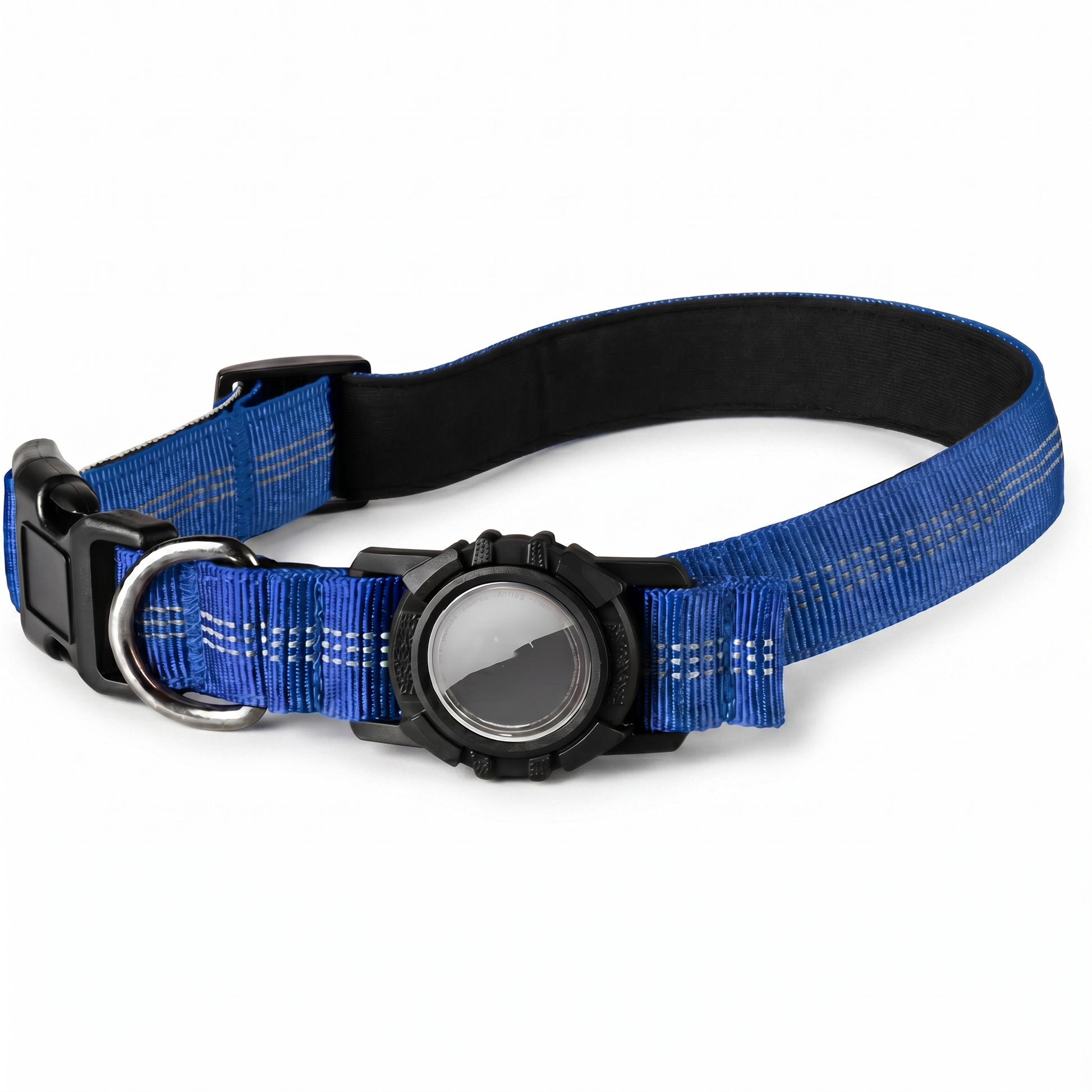 Joobello AirTag-compatible blue reflective dog collar with black AirTag holder on a clean white background