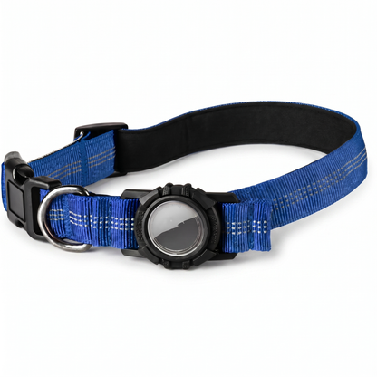 Joobello AirTag-compatible blue reflective dog collar with black AirTag holder on a clean white background