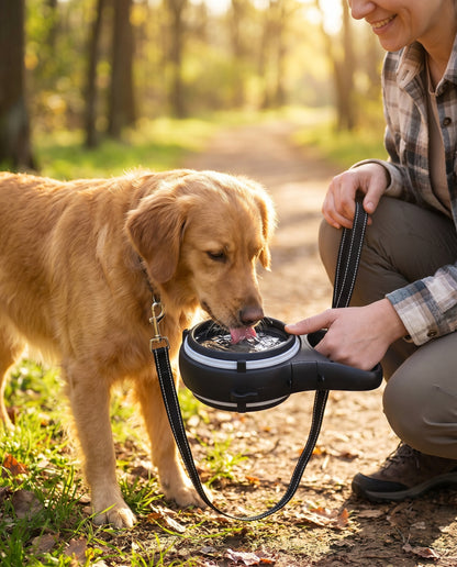 Owner giving a golden retriever water from the Joobello all-in-one retractable dog leash with built-in collapsible water bowl on a forest walk
