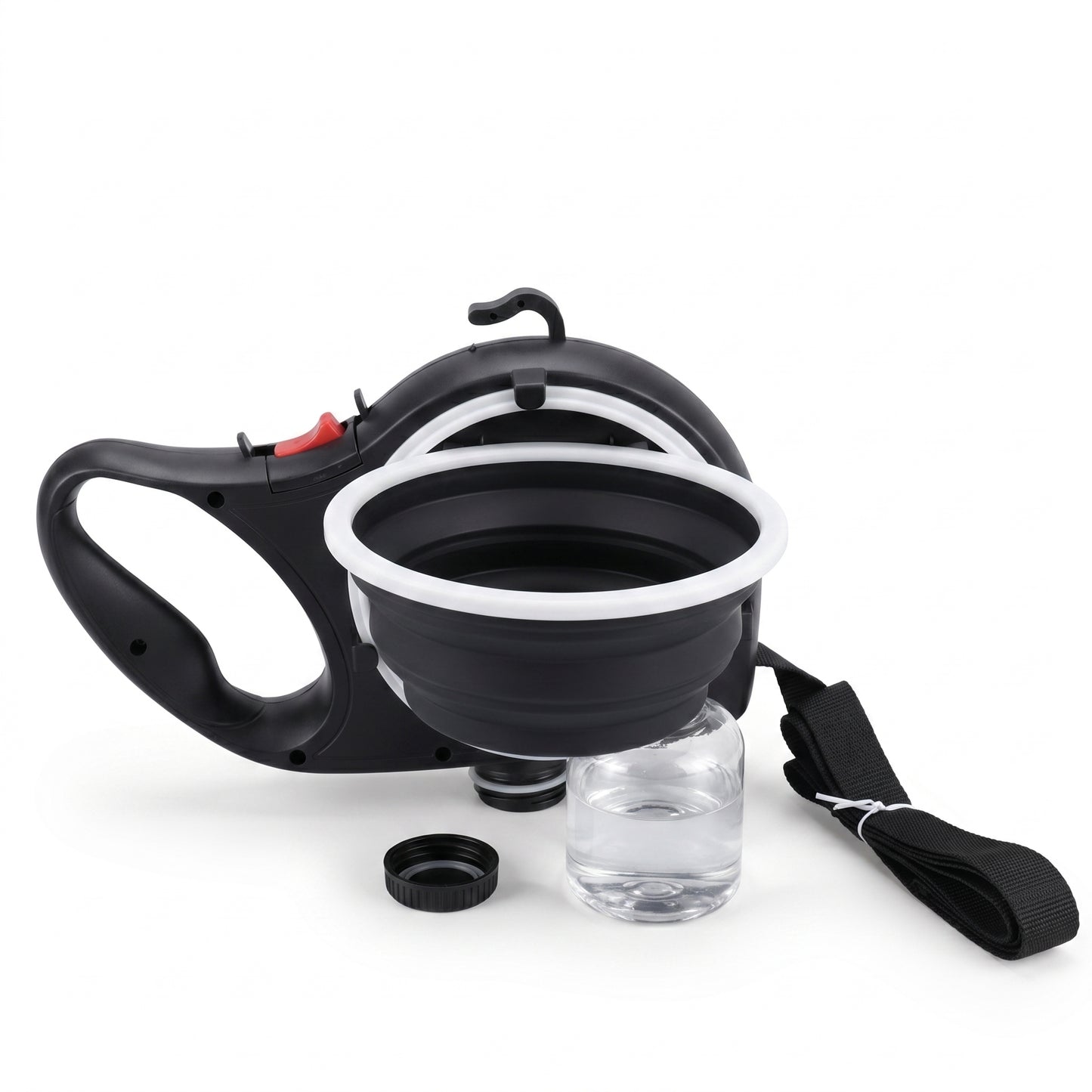Joobello black all-in-one retractable dog leash with collapsible water bowl and water bottle on a clean white background