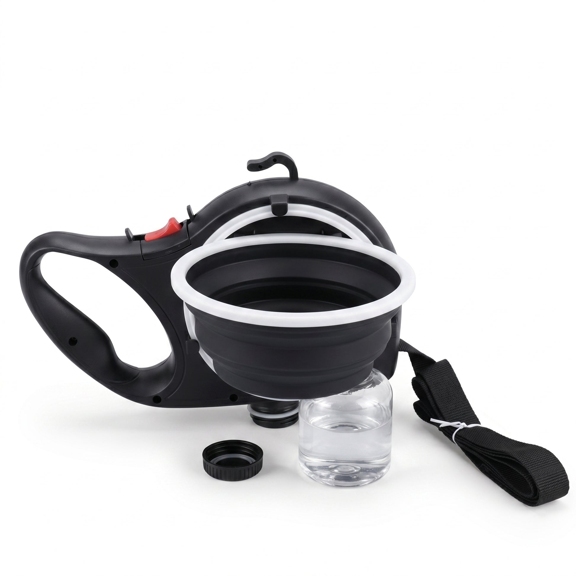 Joobello black all-in-one retractable dog leash with collapsible water bowl and water bottle on a clean white background