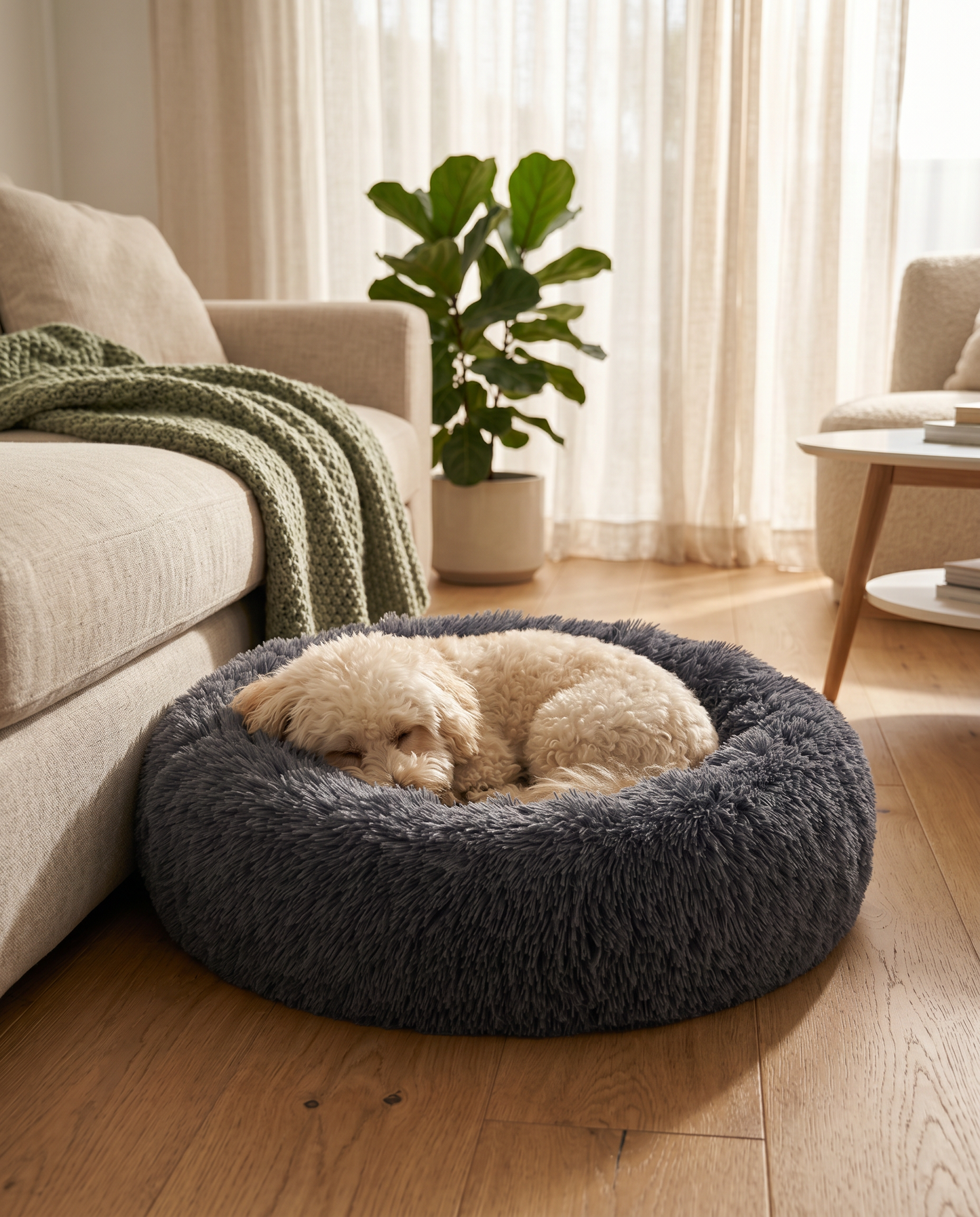 Cream dog curled asleep in the Joobello dark-gray calming donut dog bed in a cozy modern living room