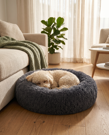 Cream dog curled asleep in the Joobello dark-gray calming donut dog bed in a cozy modern living room