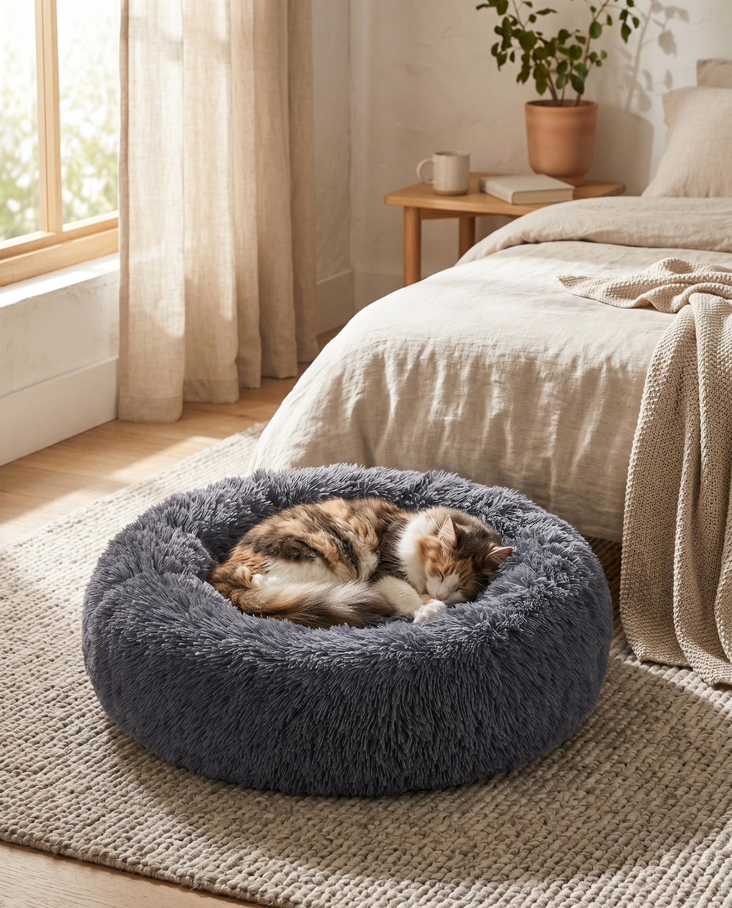 Calico cat sleeping in the Joobello dark-gray faux-fur calming donut bed in a sunlit bedroom