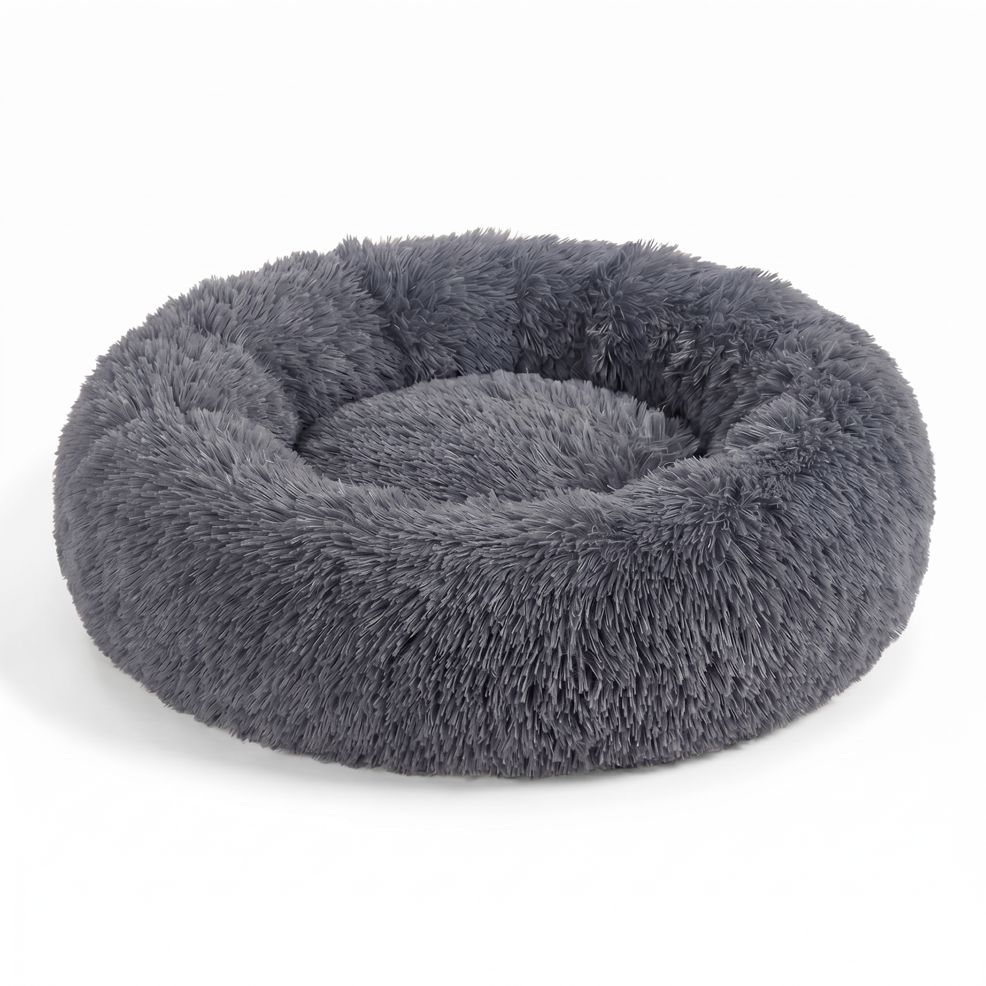 Joobello dark-gray faux-fur calming donut dog bed with raised rim on a clean white background