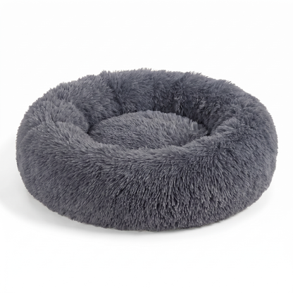 Joobello dark-gray faux-fur calming donut dog bed with raised rim on a clean white background