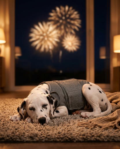 Calm Dalmatian wearing the Joobello gray calming anxiety wrap resting peacefully as fireworks light up the window