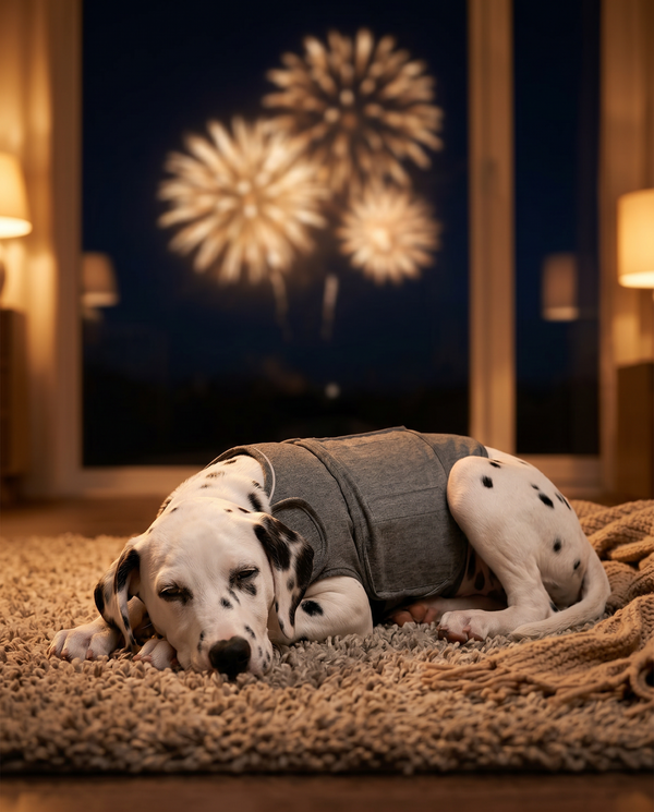 Calm Dalmatian wearing the Joobello gray calming anxiety wrap resting peacefully as fireworks light up the window