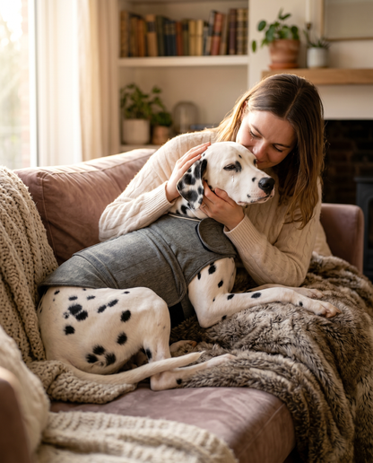 Owner comforting a Dalmatian wearing the Joobello gray calming anxiety wrap on a cozy couch