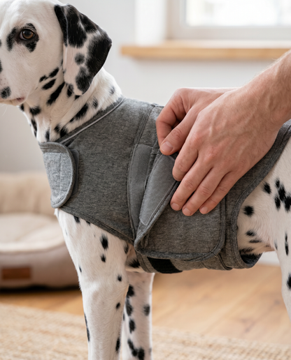 Securing the adjustable velcro closure of the Joobello gray calming anxiety wrap on a dog
