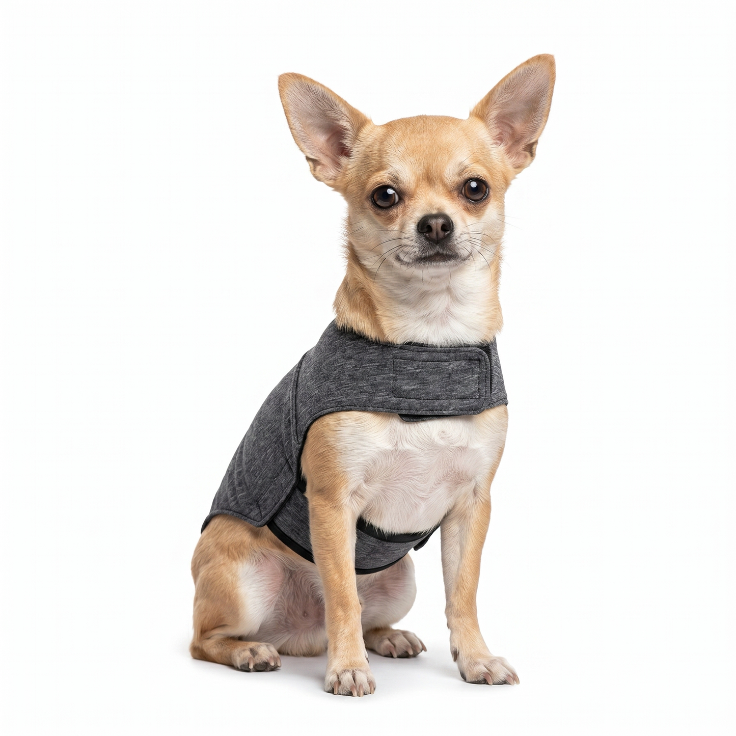 Small dog wearing the Joobello gray calming anxiety wrap on a clean white background