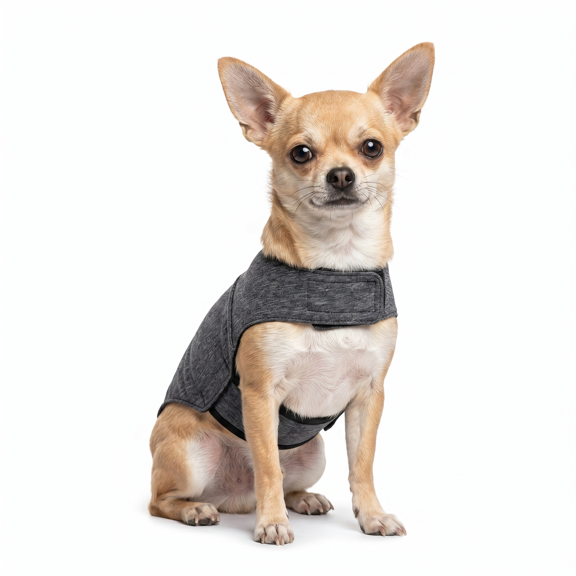 Small dog wearing the Joobello gray calming anxiety wrap on a clean white background