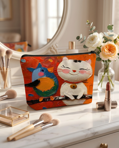 Joobello cat-print canvas makeup bag styled on an elegant vanity with brushes and flowers