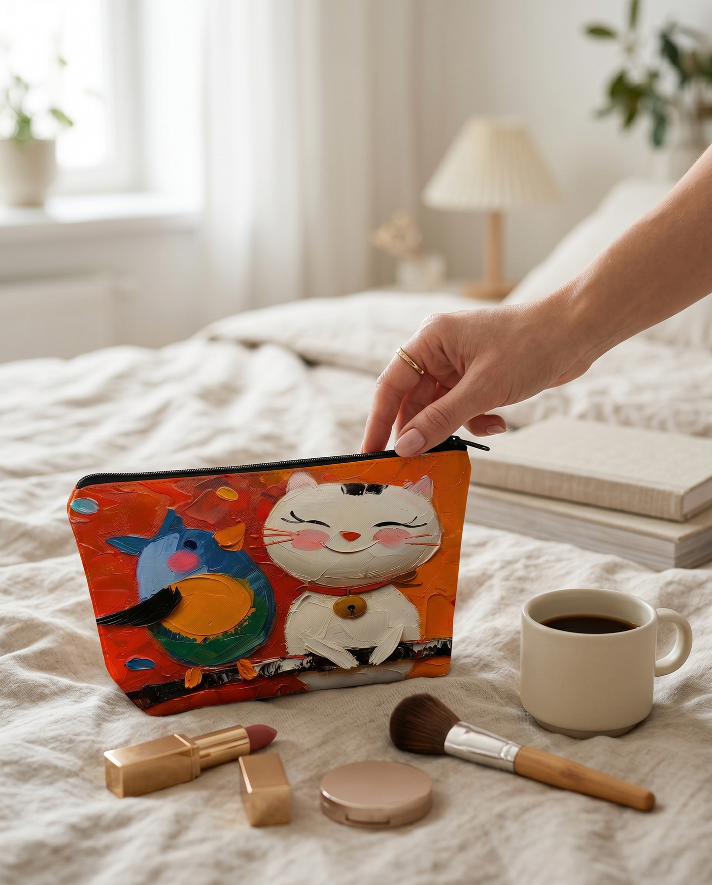 Hand reaching for the Joobello cat-print canvas makeup bag on a bed with cosmetics