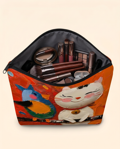 Joobello cat-print makeup bag open and filled with makeup brushes and cosmetics showing roomy capacity