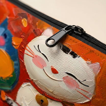 Close-up of the Joobello makeup bag canvas texture, black zipper and painted cat design
