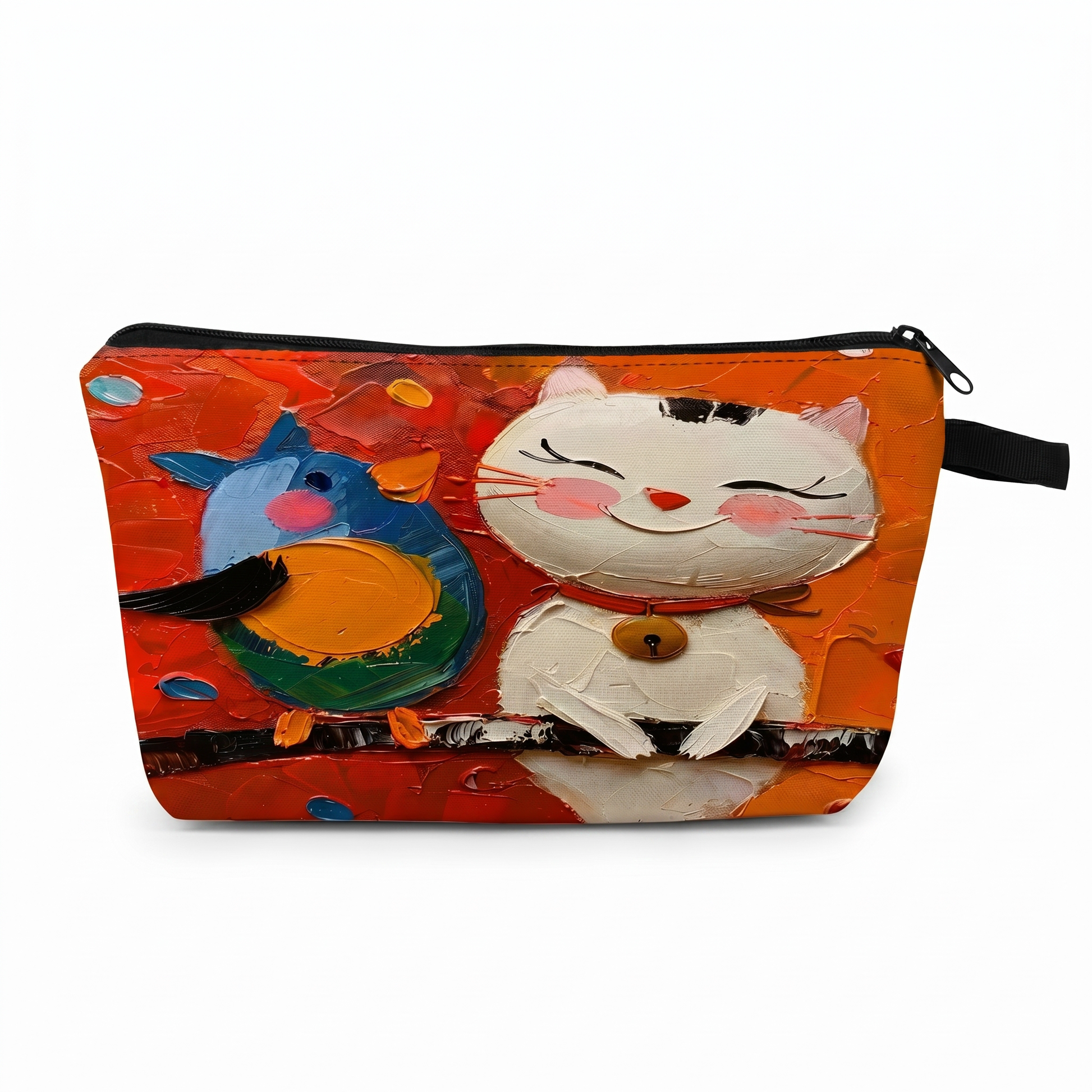 Joobello cat-and-bird print canvas makeup bag on a clean white background