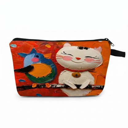 Joobello cat-and-bird print canvas makeup bag on a clean white background