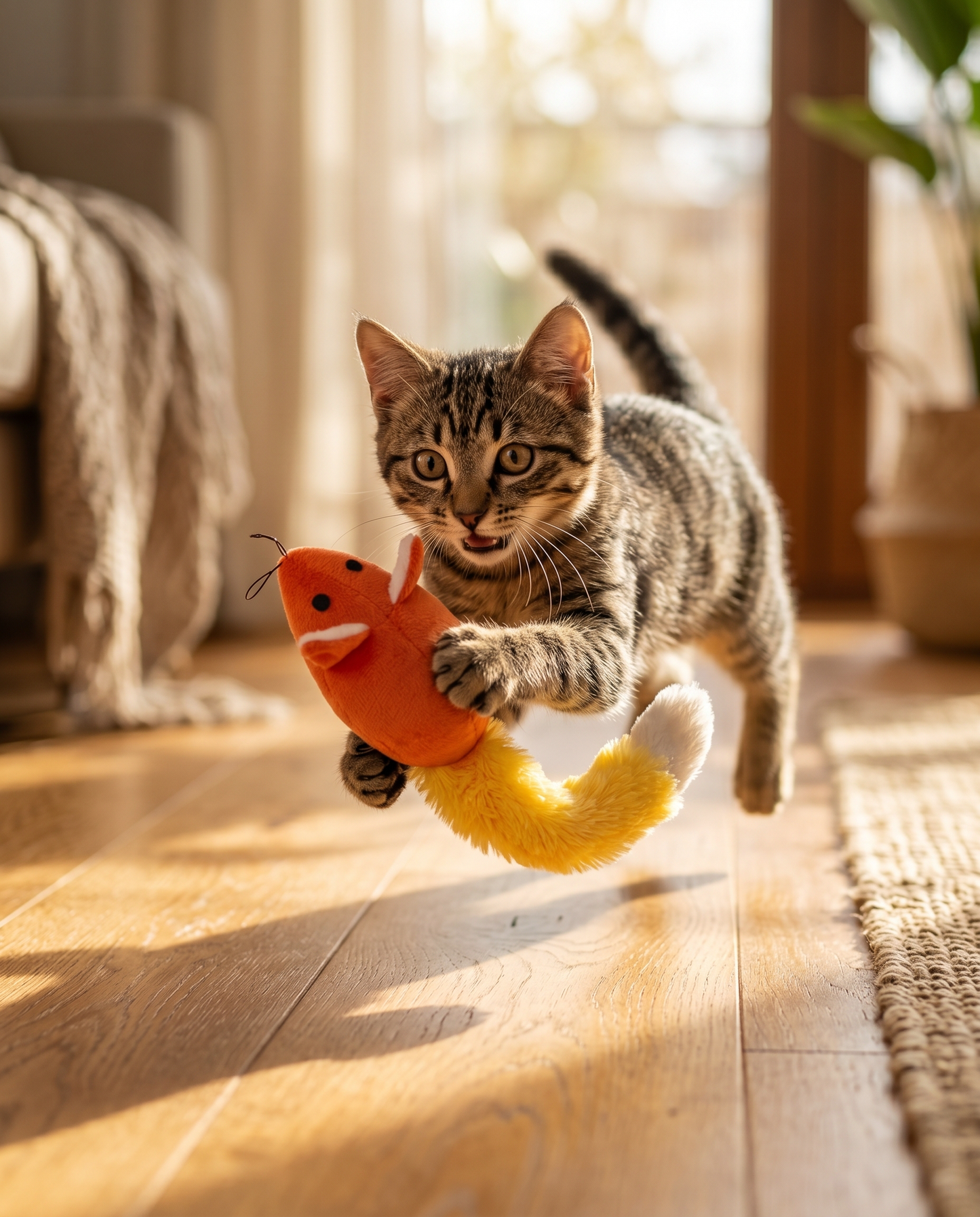 Kitten pouncing on the Joobello orange plush catnip mouse toy in a sunny living room