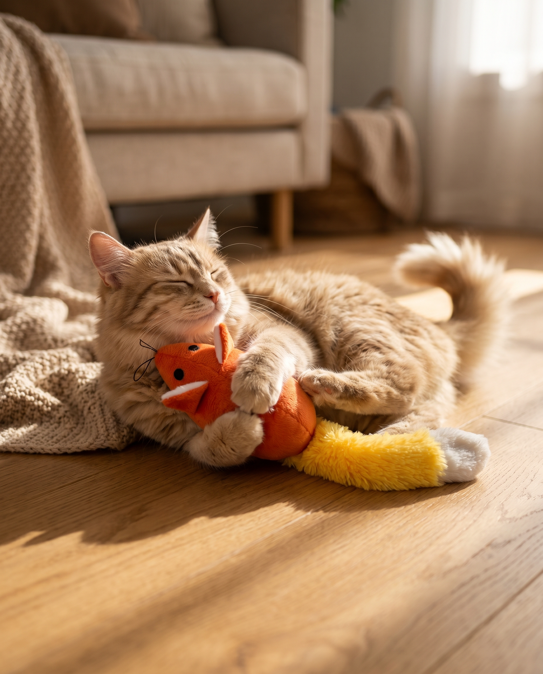 Ginger cat cuddling and bunny-kicking the Joobello orange catnip mouse toy