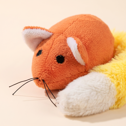 Close-up of the Joobello orange plush catnip mouse toy soft fabric, whiskers and fuzzy tail