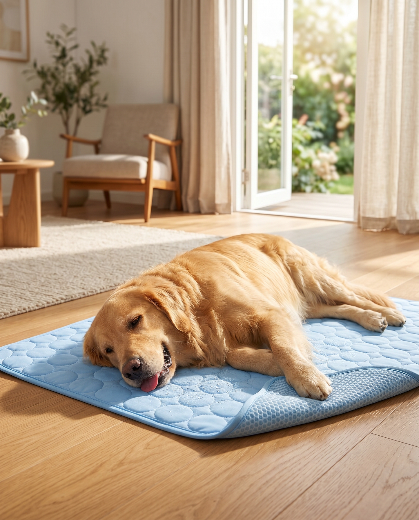 Golden retriever lounging cool on the Joobello light-blue ice silk cooling mat on a hot summer day