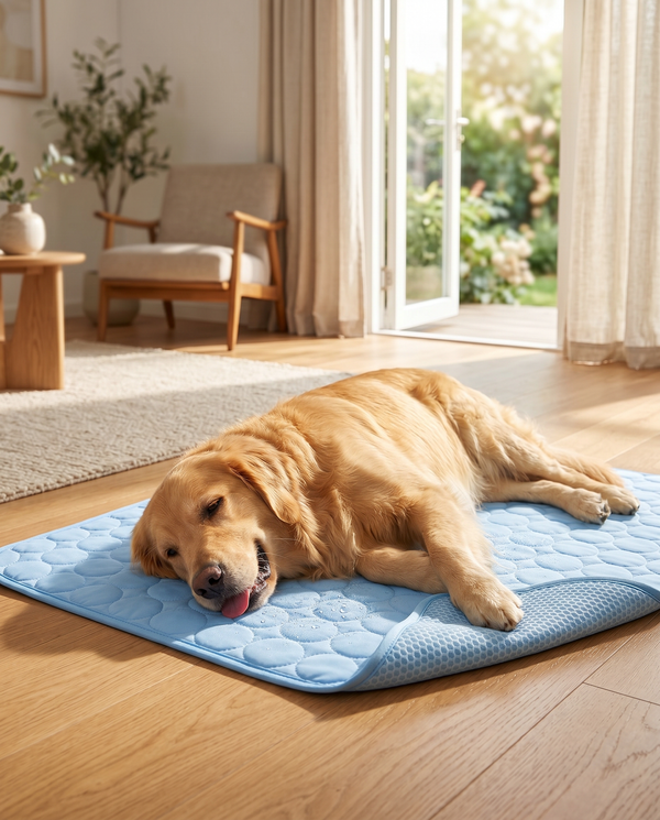 Golden retriever lounging cool on the Joobello light-blue ice silk cooling mat on a hot summer day