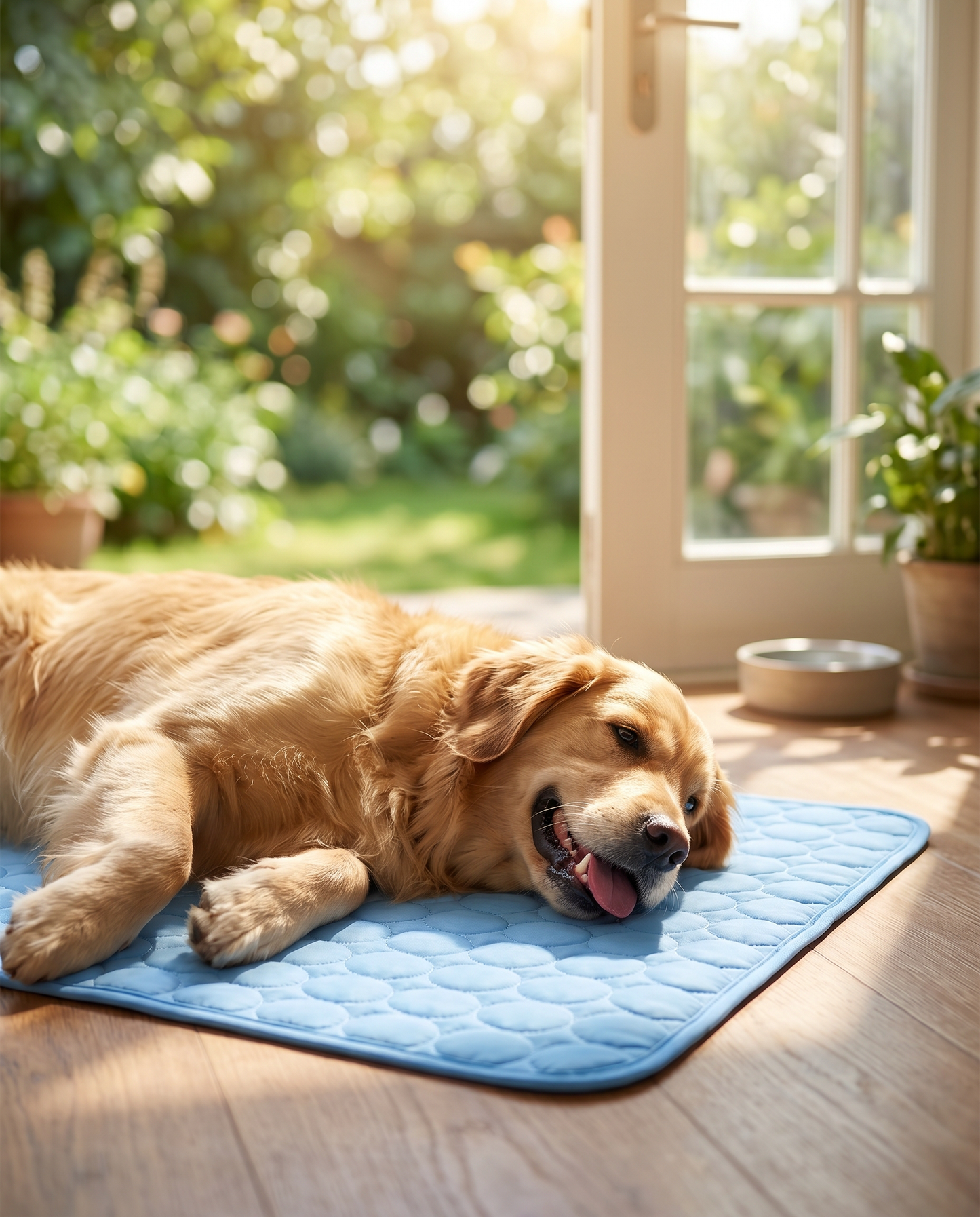 Dog resting cooled on the Joobello light-blue ice silk cooling mat by a sunny garden door