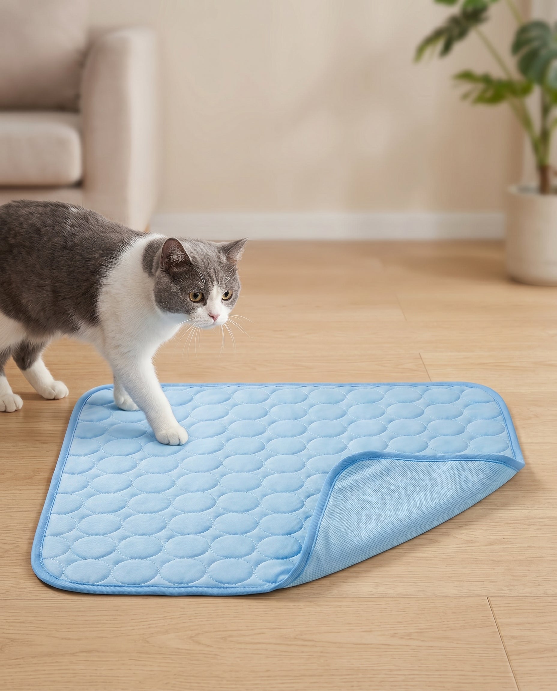 Cat stepping onto the foldable Joobello light-blue ice silk cooling mat showing the mesh underside