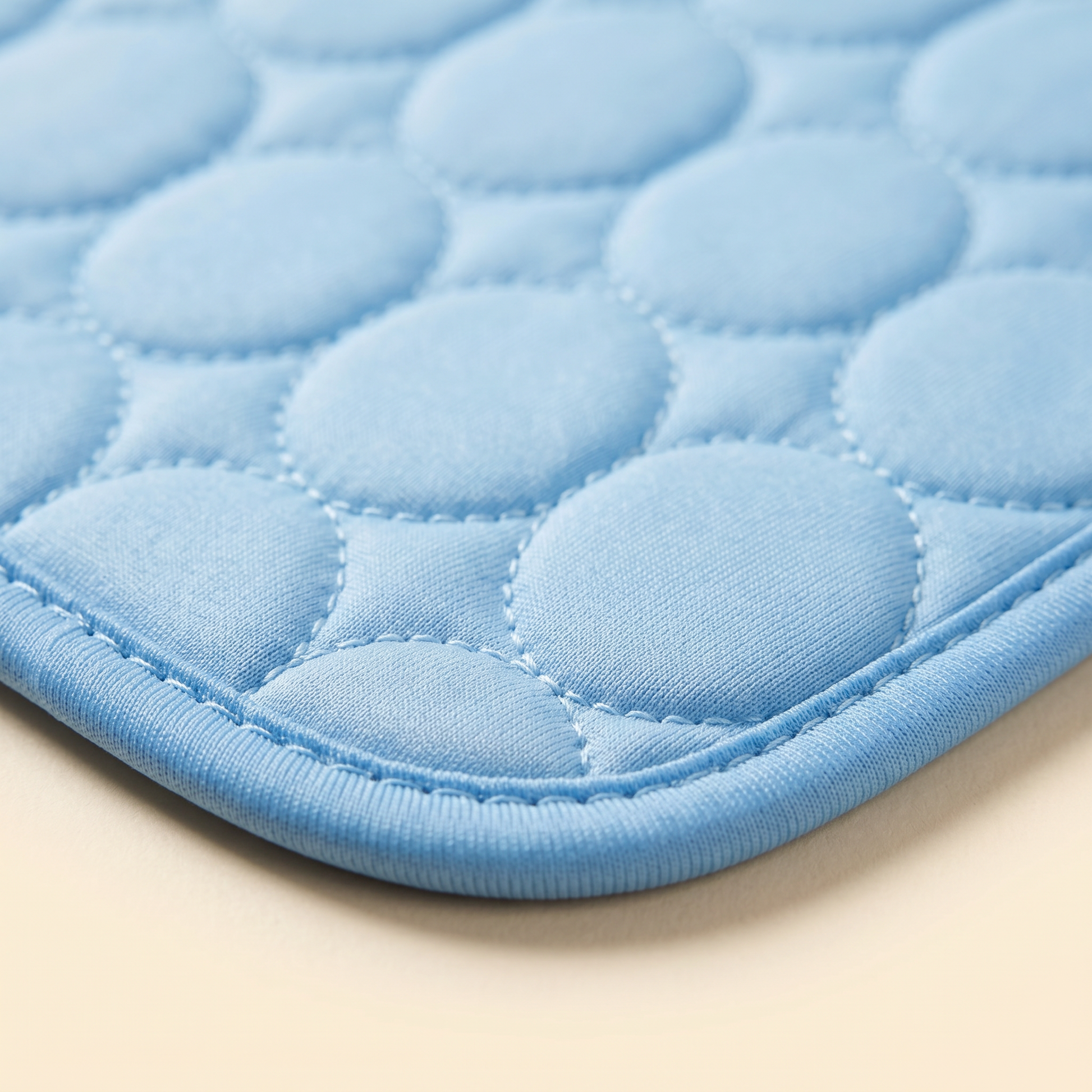 Close-up of the Joobello light-blue ice silk cooling mat quilted honeycomb surface and piped edge