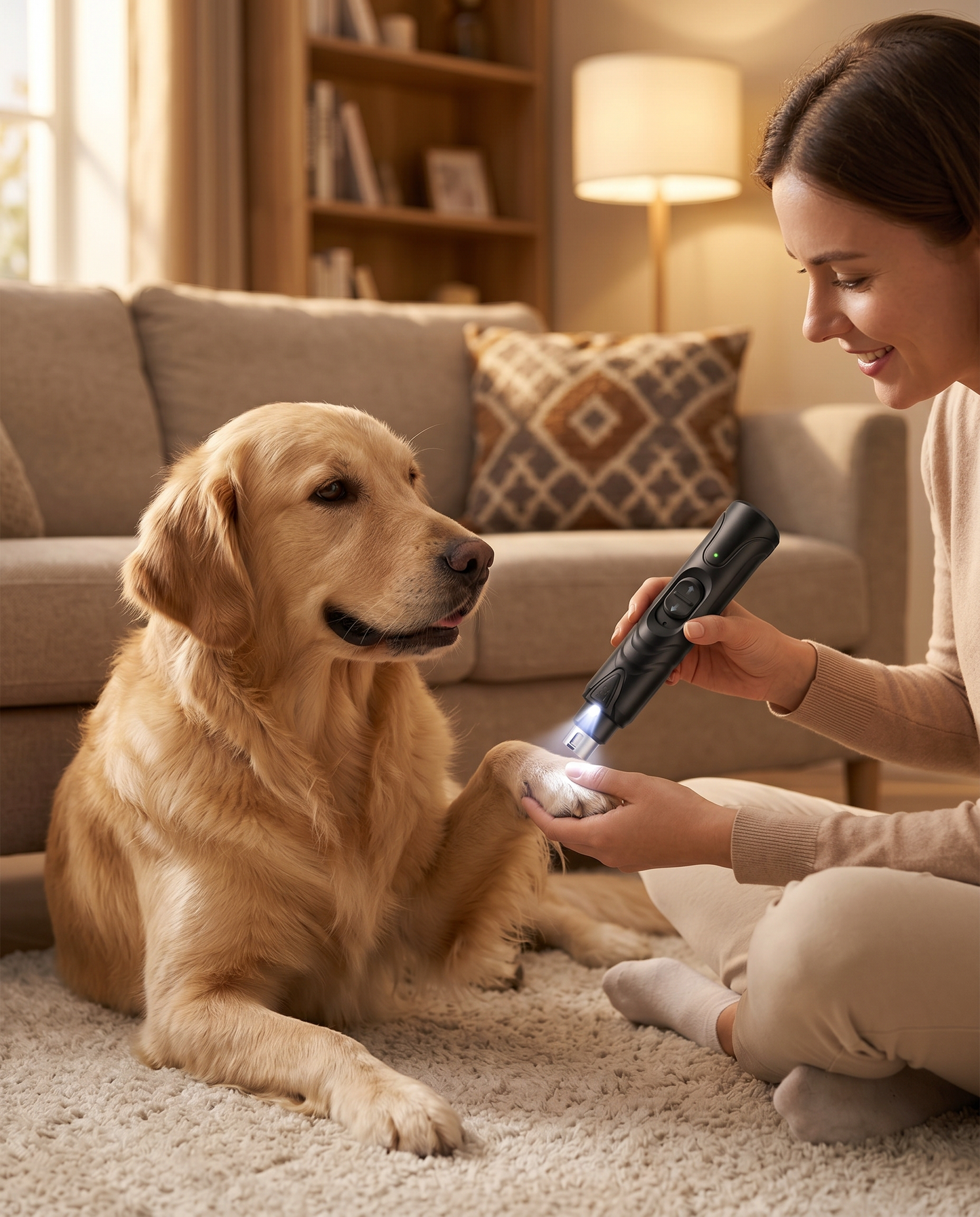 Woman trimming a golden retriever's nails with the Joobello LED nail grinder in a cozy living room