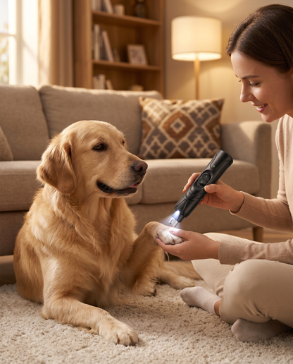 Woman trimming a golden retriever's nails with the Joobello LED nail grinder in a cozy living room