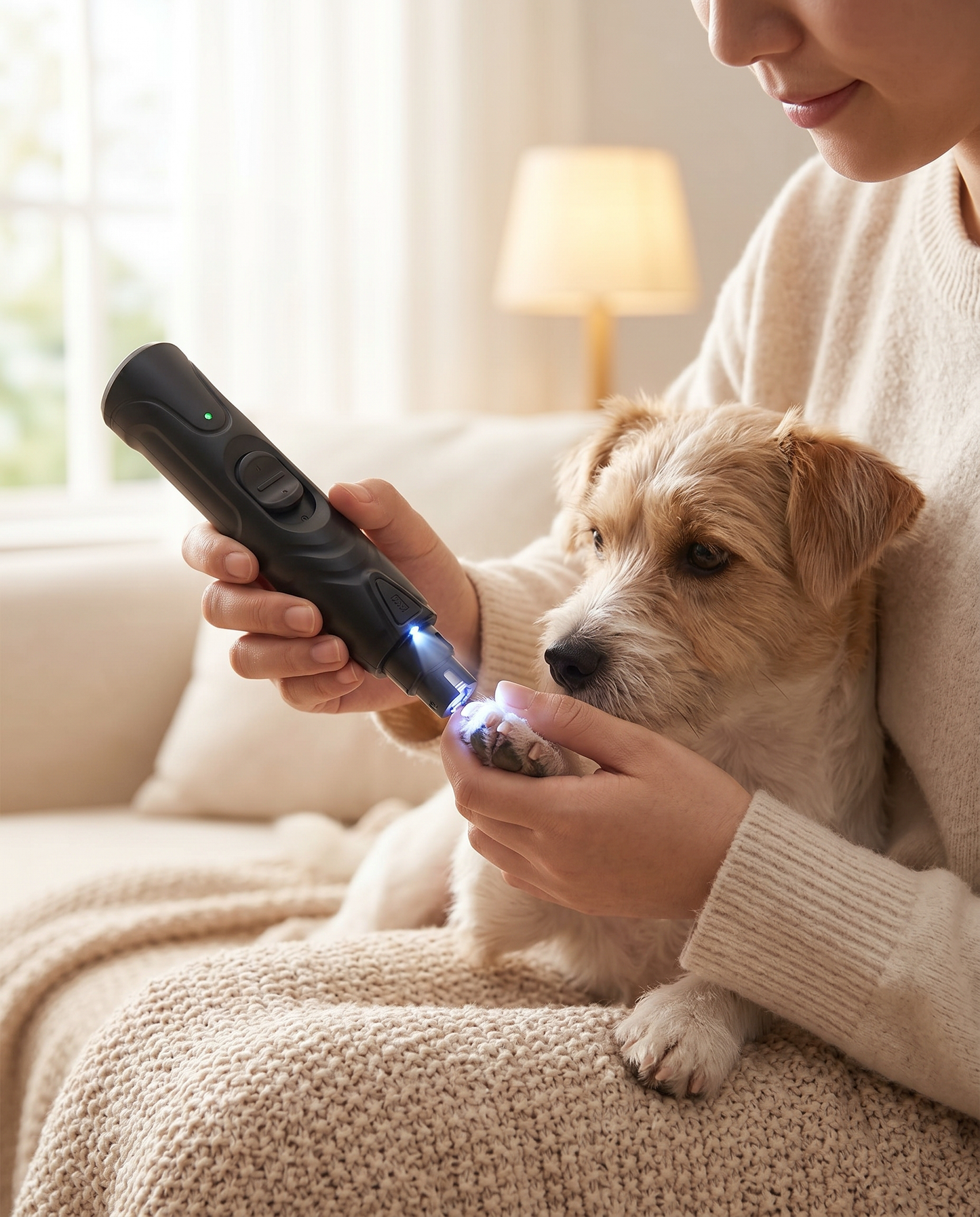 Owner using the Joobello LED dog nail grinder on a calm terrier with the LED light on