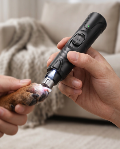 Joobello LED nail grinder shining its light on a dog's nail to reveal the quick for safe trimming