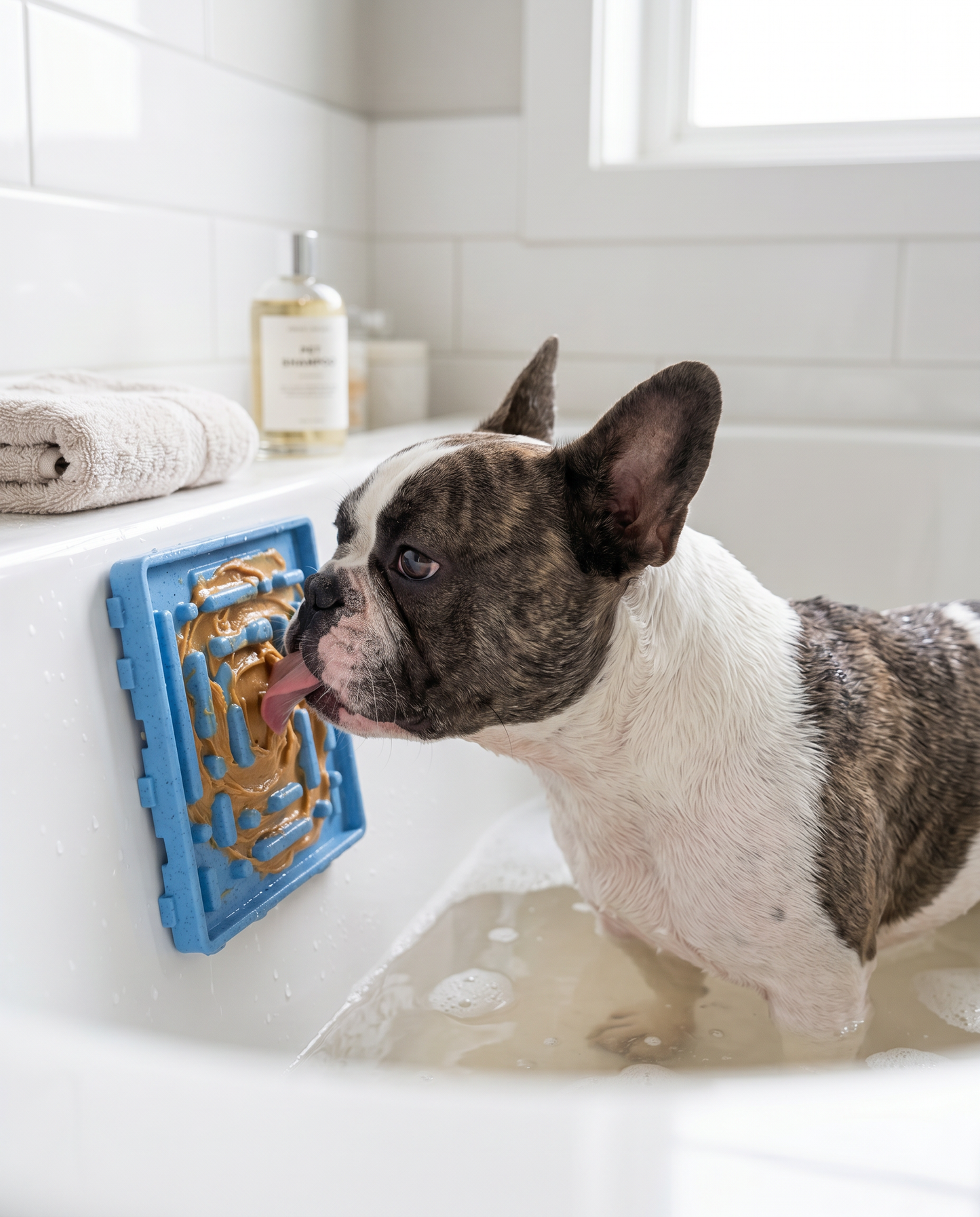 French bulldog licking peanut butter off the Joobello blue lick mat suctioned to the bathtub during a calm bath