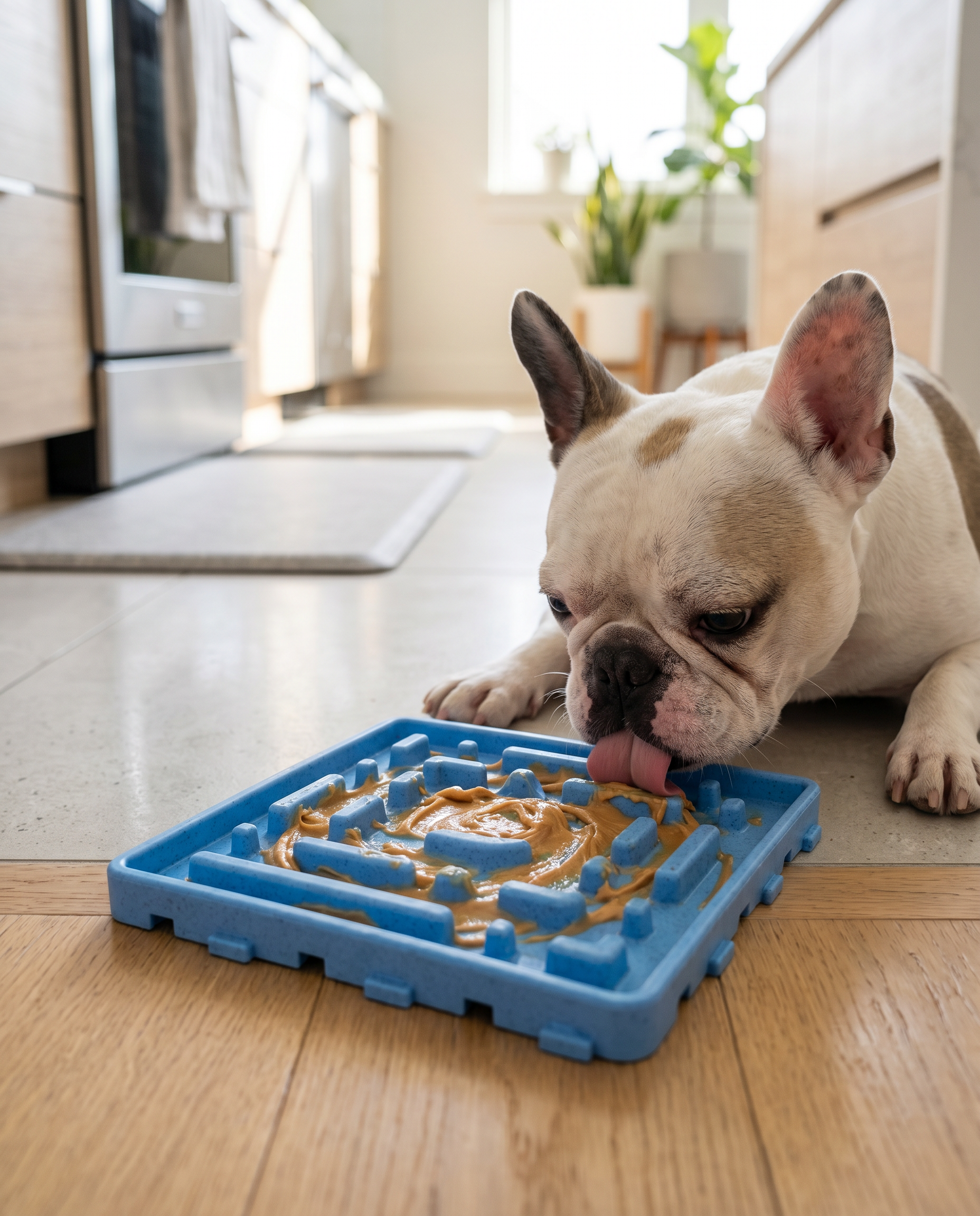 Dog slowly licking food from the Joobello blue silicone slow-feeder lick mat on the kitchen floor