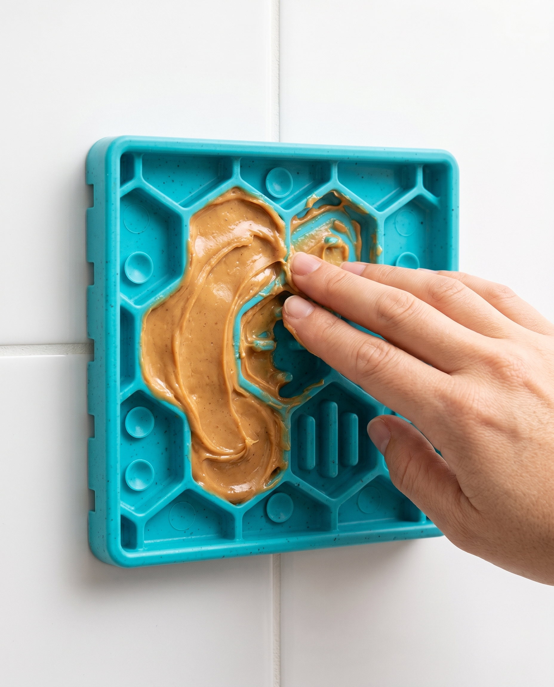 Hand spreading peanut butter into the Joobello silicone lick mat maze grooves suctioned to a tile wall